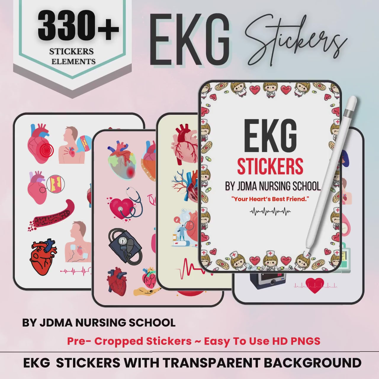 EKG Stickers 320+ transparent back Ground | Pre-cropped | Cardiac | Ekg Rhythms | Electrocardiogram Stickers | Free Digital Paper | HD PGN