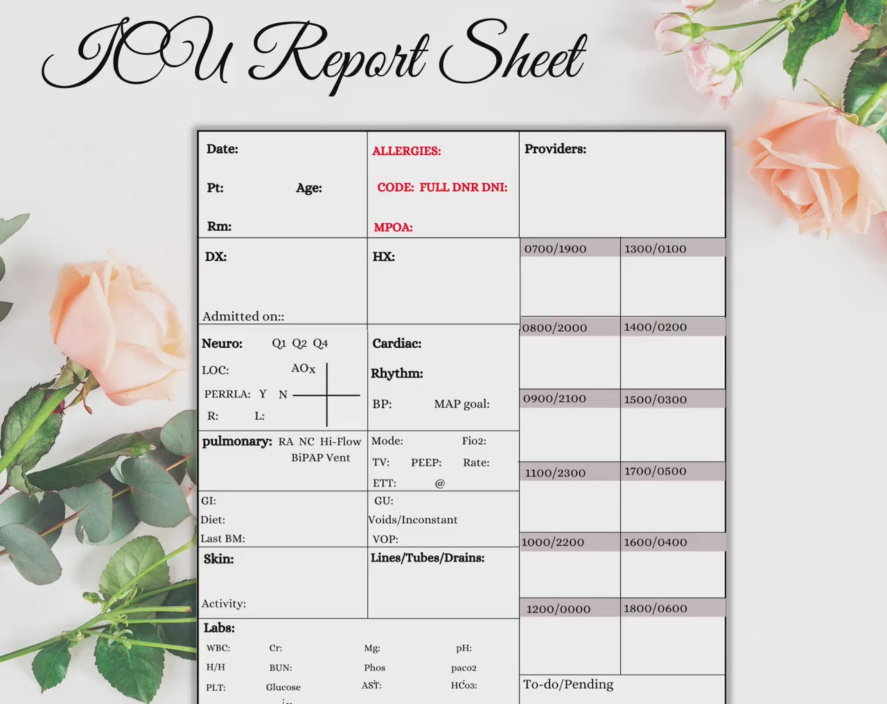 ICU Sheet Report |Nursing Report | Printable Sheet | Study Notes| Report Sheet | ICU Nurse Report | Digital Download