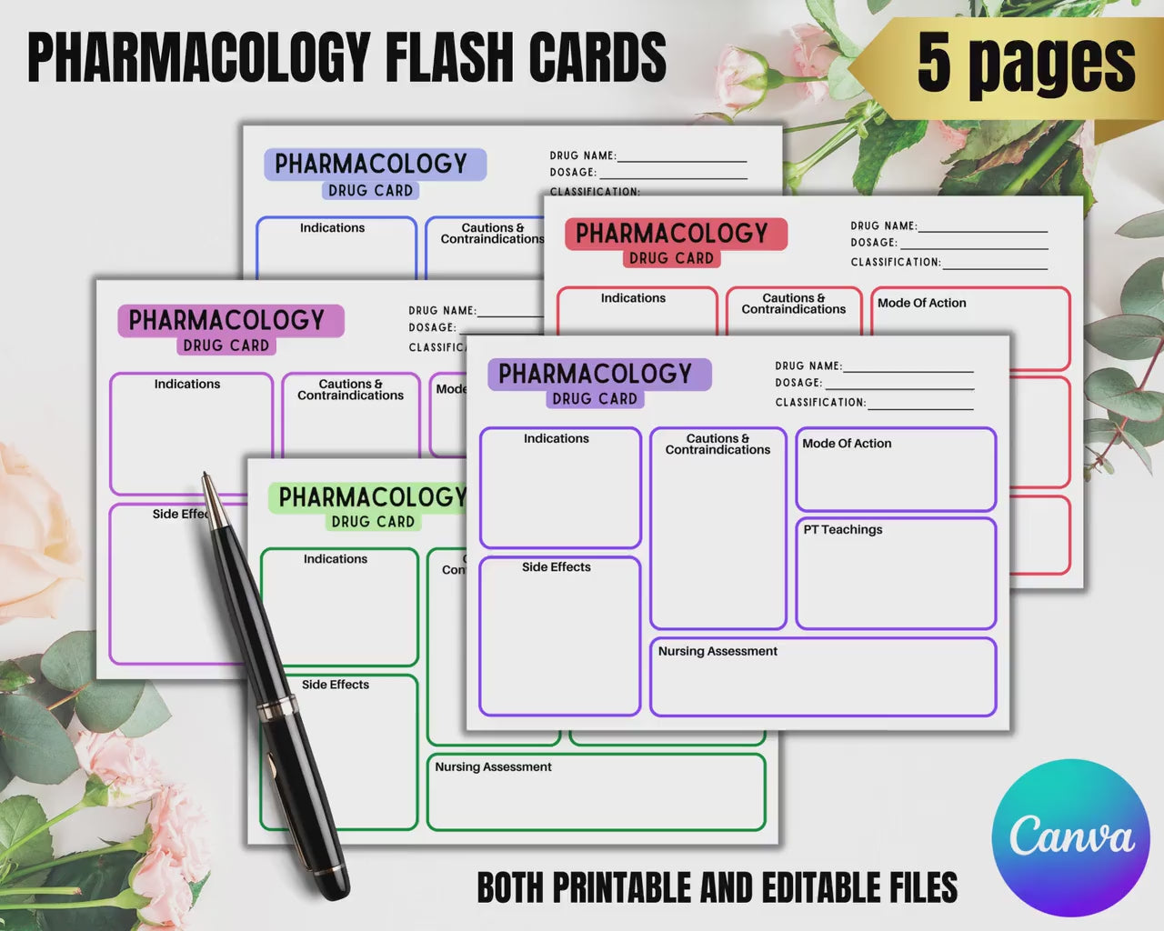 Pharmacology Drug Card Template | Nursing Pharmacology | Printable Drug Card | Pharmacology Notes | Nurse Study Guide | 5 Colours