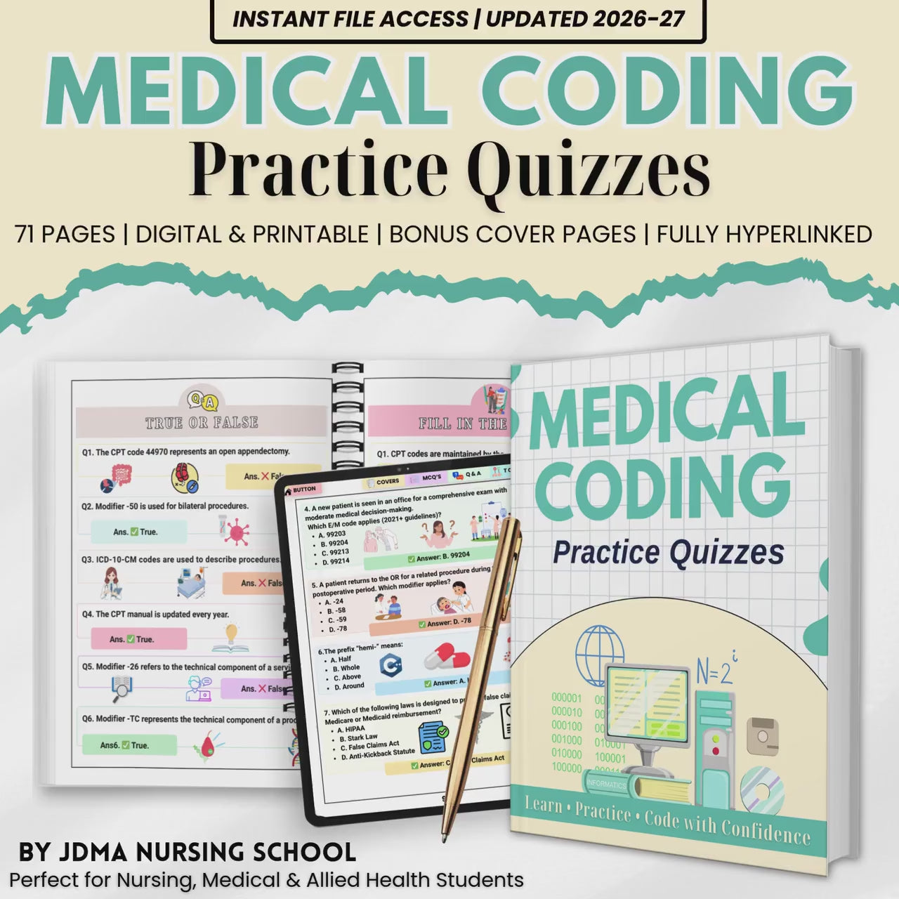 Medical Coding Quiz Hyperlinked Bundle | ICD-10 CPT Practice Questions | Anatomy & Medical Terminology Study Guide | Printable PDF