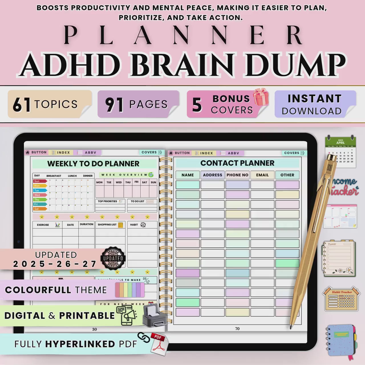ADHD Brain Dump Planner, 91 Pages, Mind Dump For Focus, Medication Tracker, ADHD Mental Load Tracker, Digital Dump List