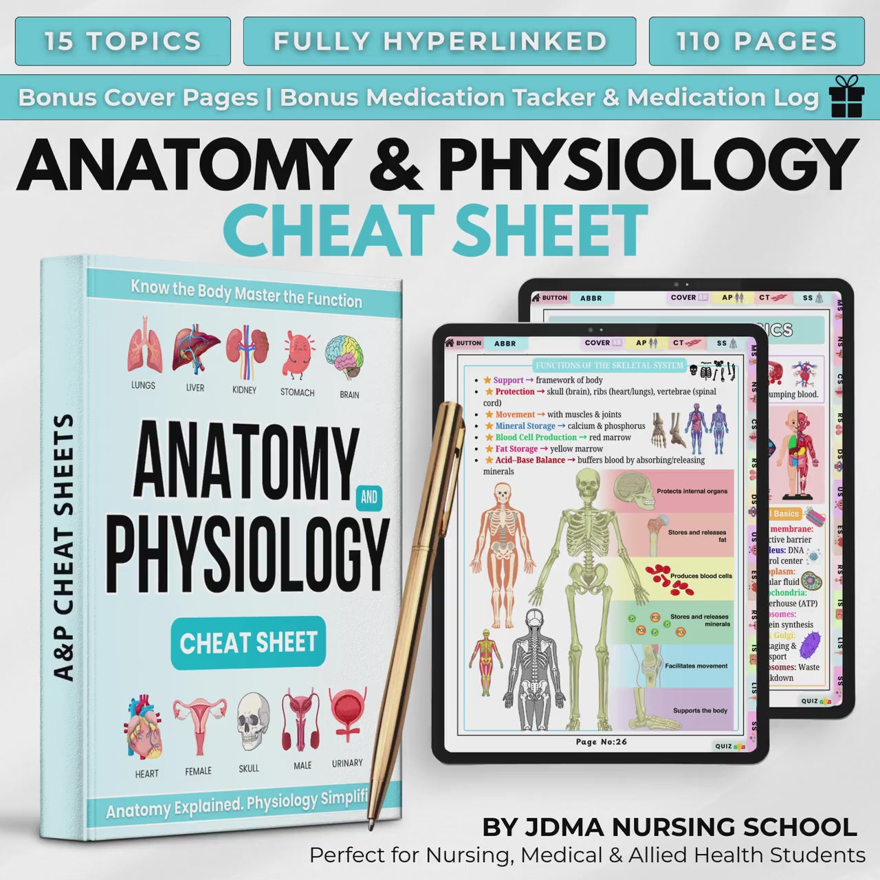 Anatomy & Physiology Cheat Sheet | Anatomy and Physiology Study Guide | Nursing School Notes | Anatomy Revision | Instant Download PDF