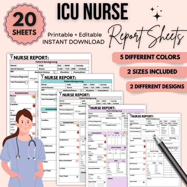 ICU Nurse Report Sheet | ICU Nurse Handoff Sheet | Editable & Printable | Study Guide | 5 Different Colors | Instant Download Sheets