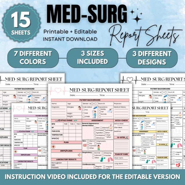 Nursing Report Sheet Med Surg 15 Sheets | Editable & Printable Version | RN Report Sheet | Digital Download | Nursing Brain Sheet | 2 Sizes