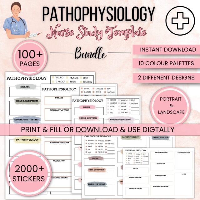 Pathophysiology Template Bundle 100+pages | Free Medical Stickers | Pathophysiology Nurse Study | Portrait & Landscape | Nursing Study Guide