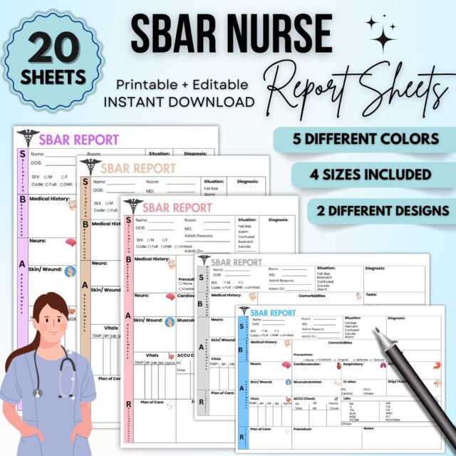 SBAR Nurse Report Sheet | Editable or Printable Nurse Report Sheet | 20 Sheet 4 Size Include | Different Color | Instant Download | Nurse RN