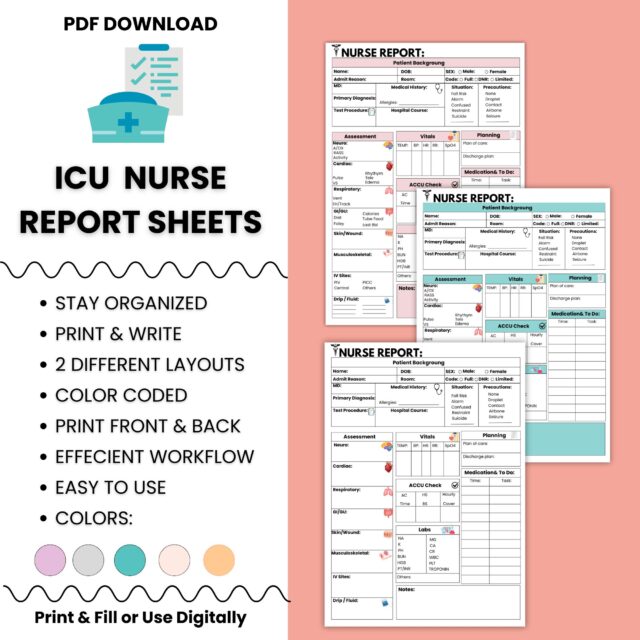 ICU Nurse Report Sheet | ICU Nurse Handoff Sheet | Editable & Printable | Study Guide | 5 Different Colors | Instant Download Sheets - Image 3