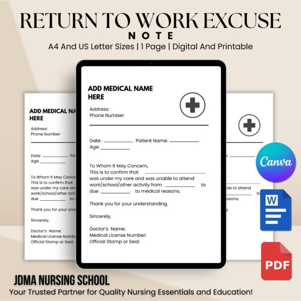 Editable Return to Work Note, Return to Work Form, Work Absence Note, Work Excuse Template, Doctor's Note Template, Return to Work