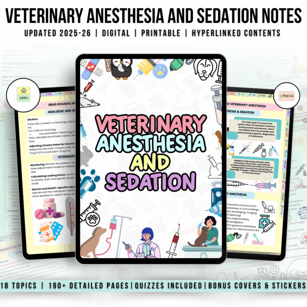 Anesthesia and Sedation Notes Hyperlinked, Vet Med Study Guide, UPDATED 2025-26, Anesthesia for Vet, Free Quizz Stickers & Cover