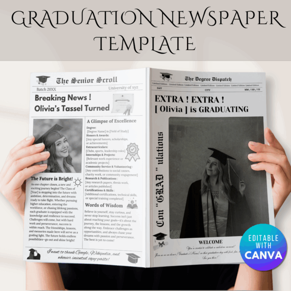 Graduation Newspaper Fully Editable Template, Graduation Newspaper Invitation, Canva Template, Graduation News Letter, Instant Download
