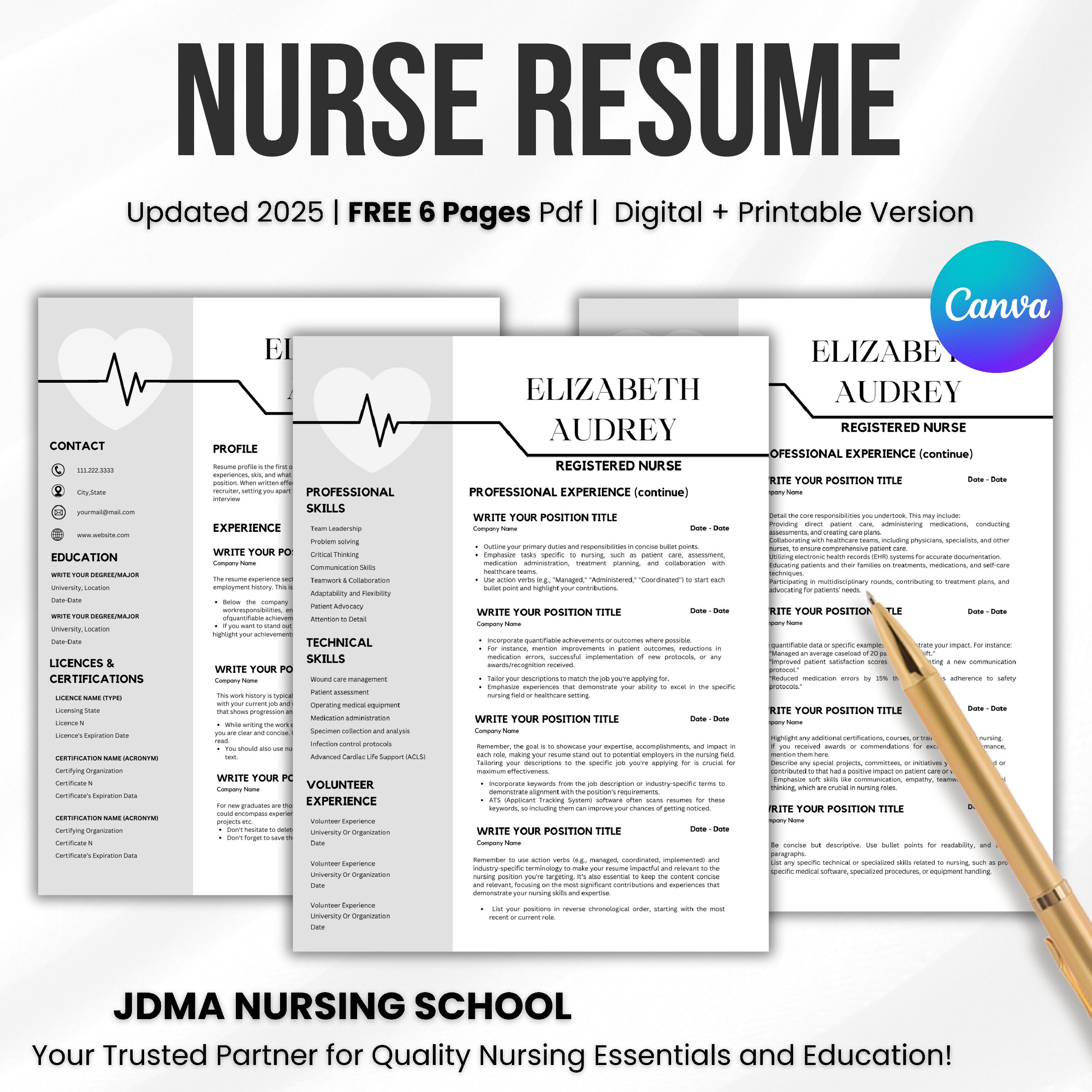 Free Nurse Resume Template | Professional Resume | Student Nurse Resume | Medical Resume | Instant Download | Rn Resume
